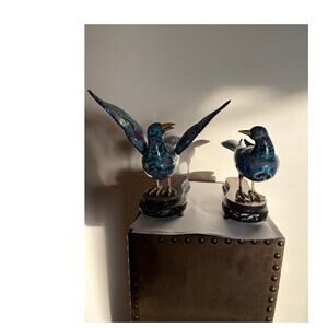 Vintage Chinese Cloisonné Bird Figurines Pair on Carved Wood Stands